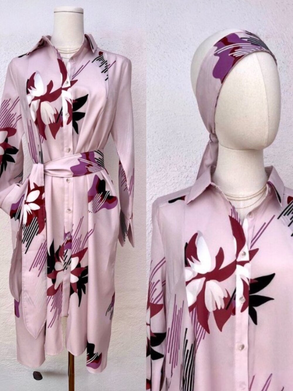 K-Fashion NU PARCC Dusty Pink Abstract Floral Shirt Dress w/ Pockets US Size S